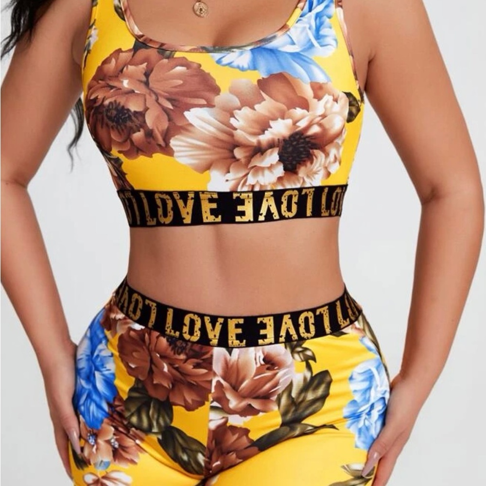 Shein Yellow Floral 2 pc Crop Top Biker shorts set.